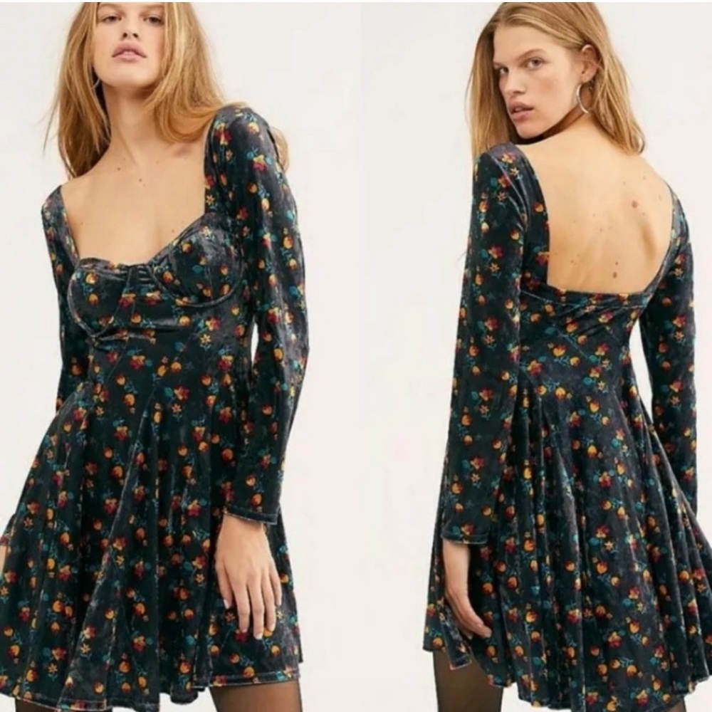 Free People Forest Green Velvet Floral Mini Dress